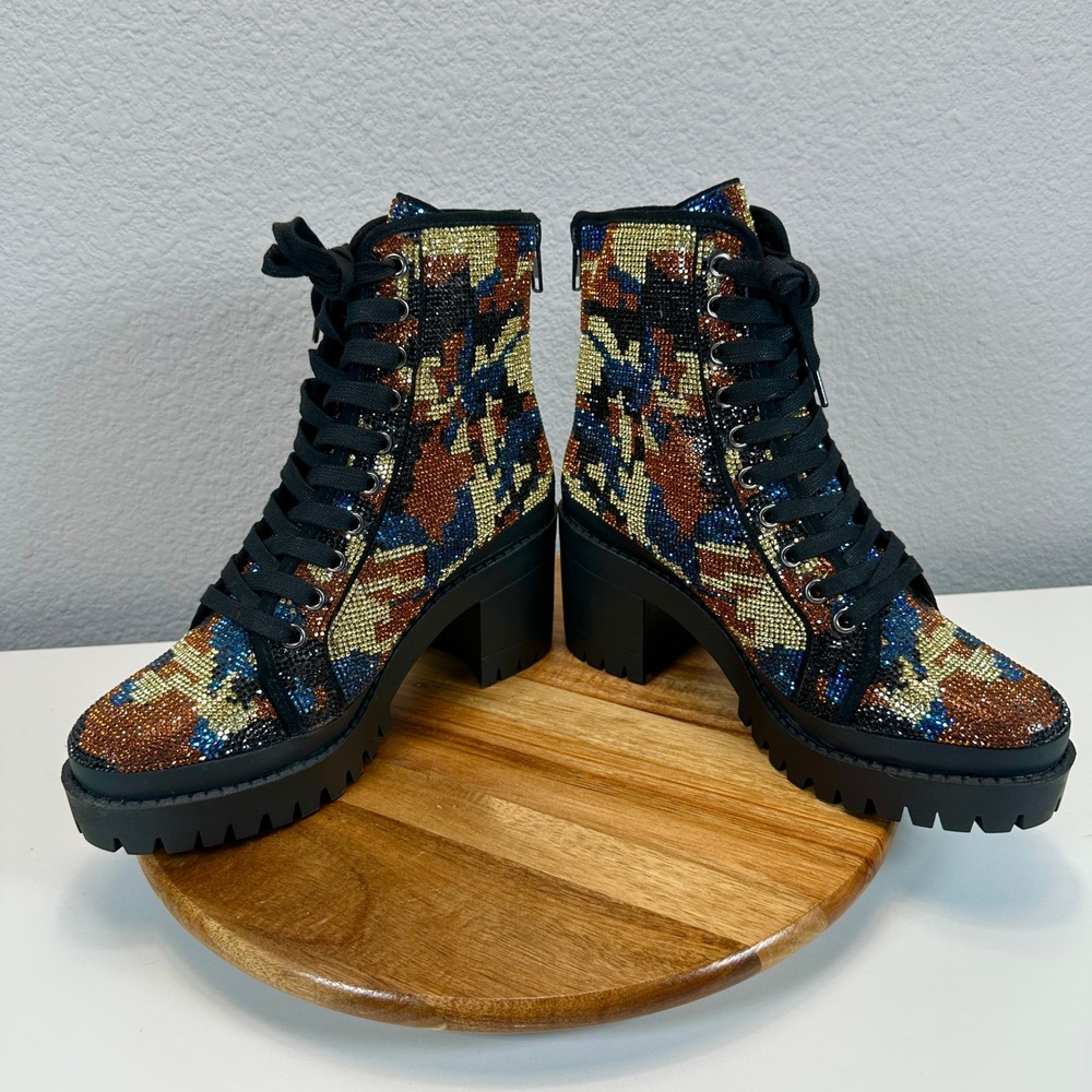 Steve Madden Pass Rhinestone Camo Platform Combat Boots Multi Color 8.5M Bling - Picture 5 of 8
